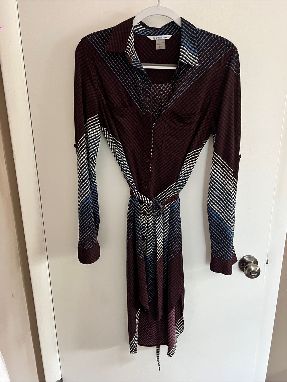 NYGARD Burgundy and Navy Striped Long Sleeve Shirt Dress